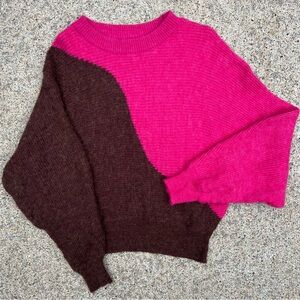 LUSH Colorblock Fuzzy Knit Sweater – Hot Pink & Cocoa Brown – Women’s Small